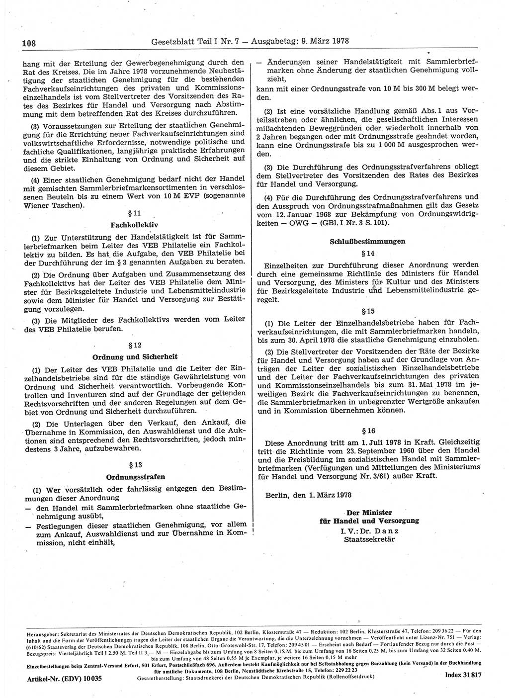Gesetzblatt (GBl.) der Deutschen Demokratischen Republik (DDR) Teil Ⅰ 1978, Seite 108 (GBl. DDR Ⅰ 1978, S. 108)