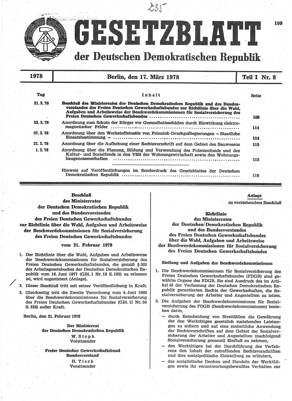 Gesetzblatt (GBl.) der Deutschen Demokratischen Republik (DDR) Teil Ⅰ 1978, Seite 109 (GBl. DDR Ⅰ 1978, S. 109)