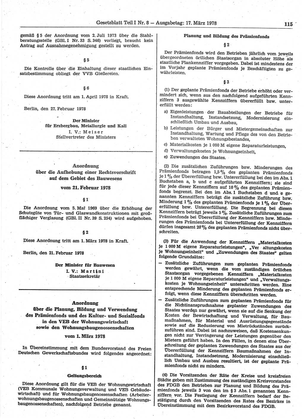 Gesetzblatt (GBl.) der Deutschen Demokratischen Republik (DDR) Teil Ⅰ 1978, Seite 115 (GBl. DDR Ⅰ 1978, S. 115)