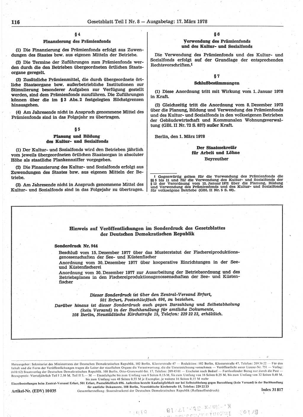 Gesetzblatt (GBl.) der Deutschen Demokratischen Republik (DDR) Teil Ⅰ 1978, Seite 116 (GBl. DDR Ⅰ 1978, S. 116)