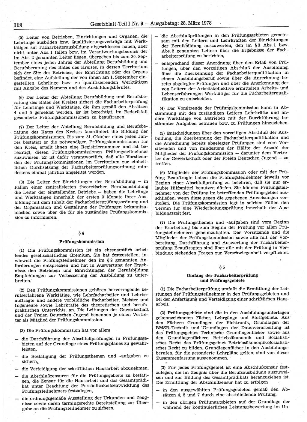 Gesetzblatt (GBl.) der Deutschen Demokratischen Republik (DDR) Teil Ⅰ 1978, Seite 118 (GBl. DDR Ⅰ 1978, S. 118)