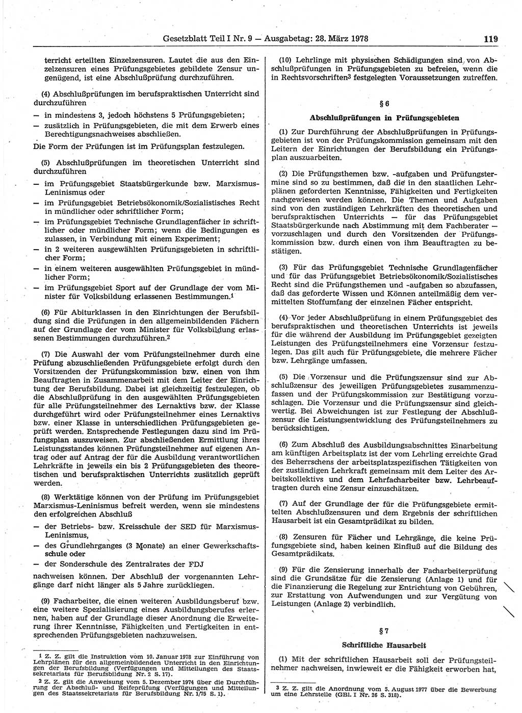Gesetzblatt (GBl.) der Deutschen Demokratischen Republik (DDR) Teil Ⅰ 1978, Seite 119 (GBl. DDR Ⅰ 1978, S. 119)