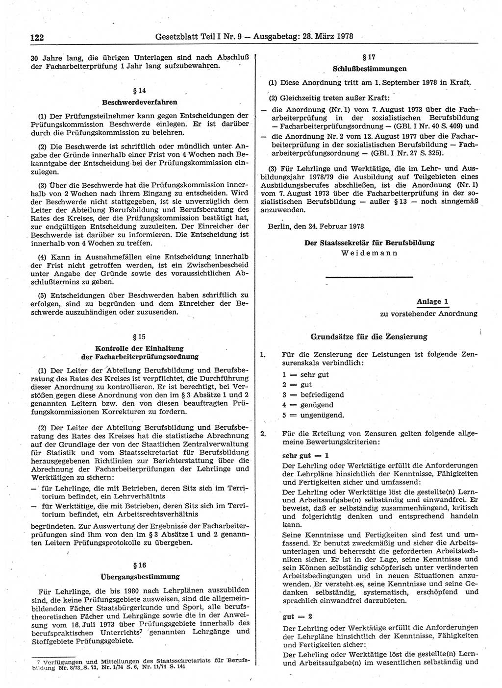 Gesetzblatt (GBl.) der Deutschen Demokratischen Republik (DDR) Teil Ⅰ 1978, Seite 122 (GBl. DDR Ⅰ 1978, S. 122)
