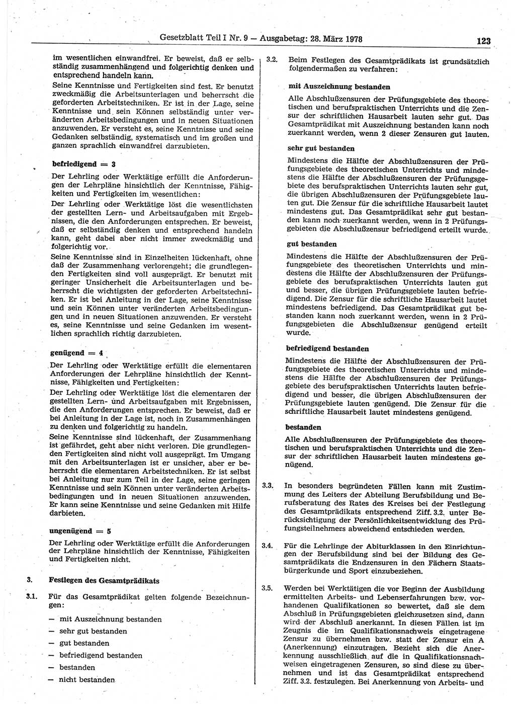 Gesetzblatt (GBl.) der Deutschen Demokratischen Republik (DDR) Teil Ⅰ 1978, Seite 123 (GBl. DDR Ⅰ 1978, S. 123)