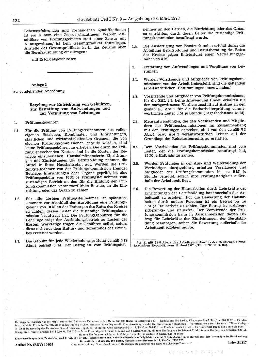Gesetzblatt (GBl.) der Deutschen Demokratischen Republik (DDR) Teil Ⅰ 1978, Seite 124 (GBl. DDR Ⅰ 1978, S. 124)