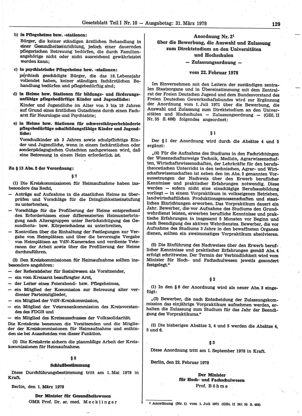 Gesetzblatt (GBl.) der Deutschen Demokratischen Republik (DDR) Teil Ⅰ 1978, Seite 129 (GBl. DDR Ⅰ 1978, S. 129)