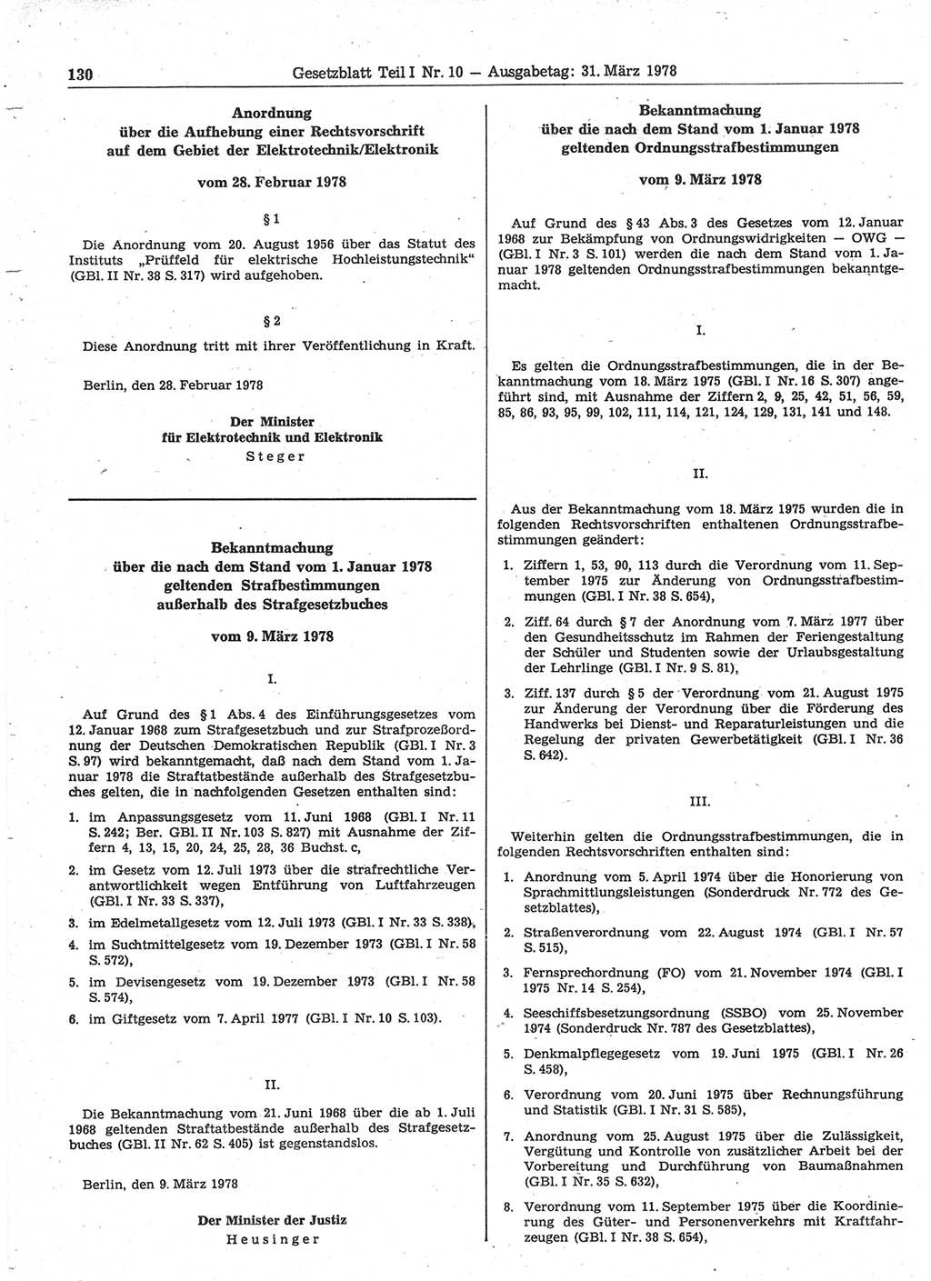 Gesetzblatt (GBl.) der Deutschen Demokratischen Republik (DDR) Teil Ⅰ 1978, Seite 130 (GBl. DDR Ⅰ 1978, S. 130)
