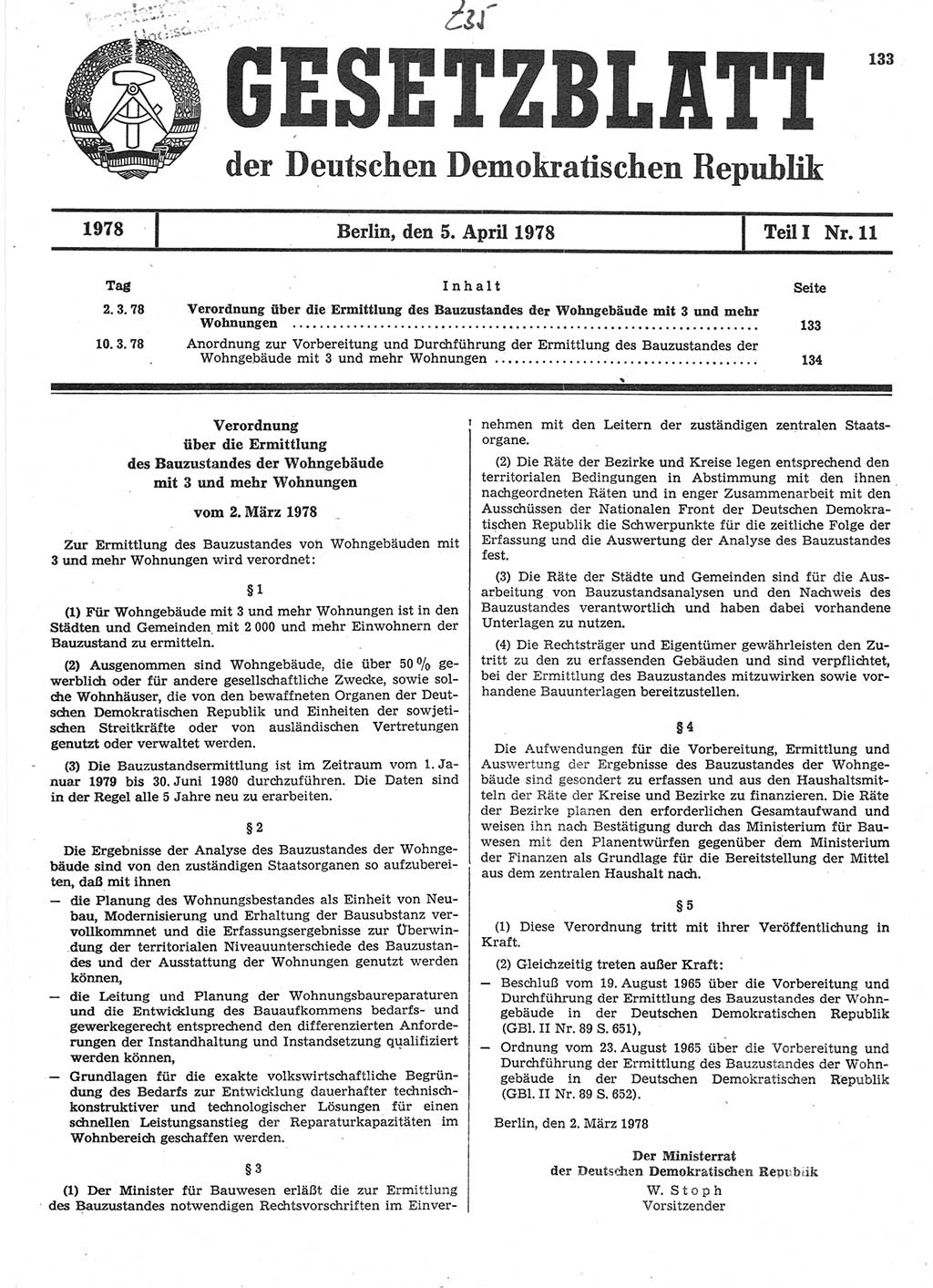 Gesetzblatt (GBl.) der Deutschen Demokratischen Republik (DDR) Teil Ⅰ 1978, Seite 133 (GBl. DDR Ⅰ 1978, S. 133)