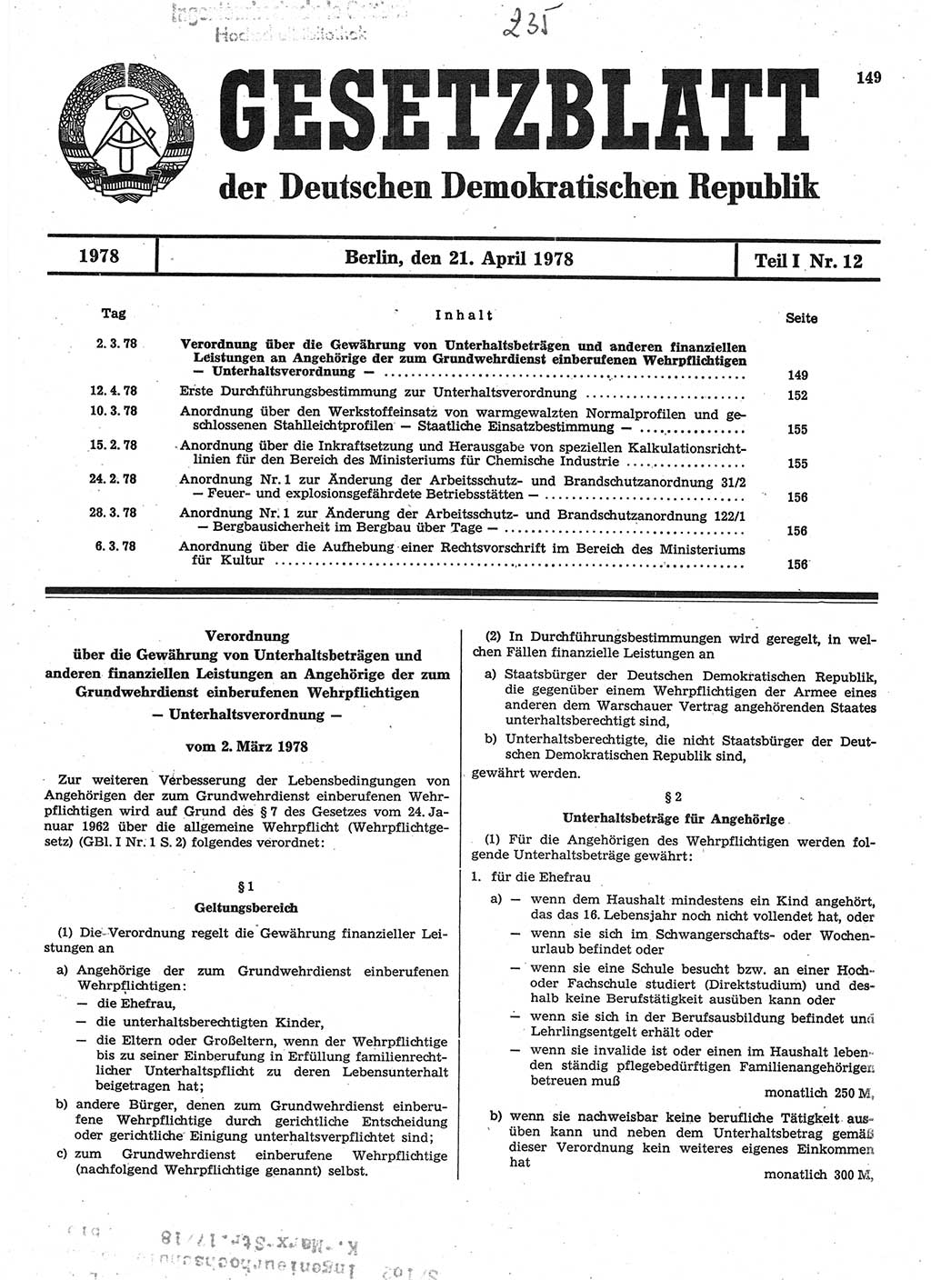 Gesetzblatt (GBl.) der Deutschen Demokratischen Republik (DDR) Teil Ⅰ 1978, Seite 149 (GBl. DDR Ⅰ 1978, S. 149)