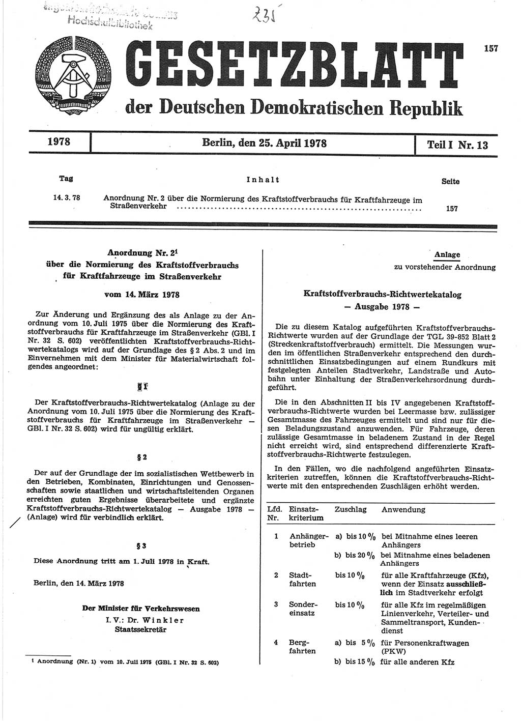 Gesetzblatt (GBl.) der Deutschen Demokratischen Republik (DDR) Teil Ⅰ 1978, Seite 157 (GBl. DDR Ⅰ 1978, S. 157)