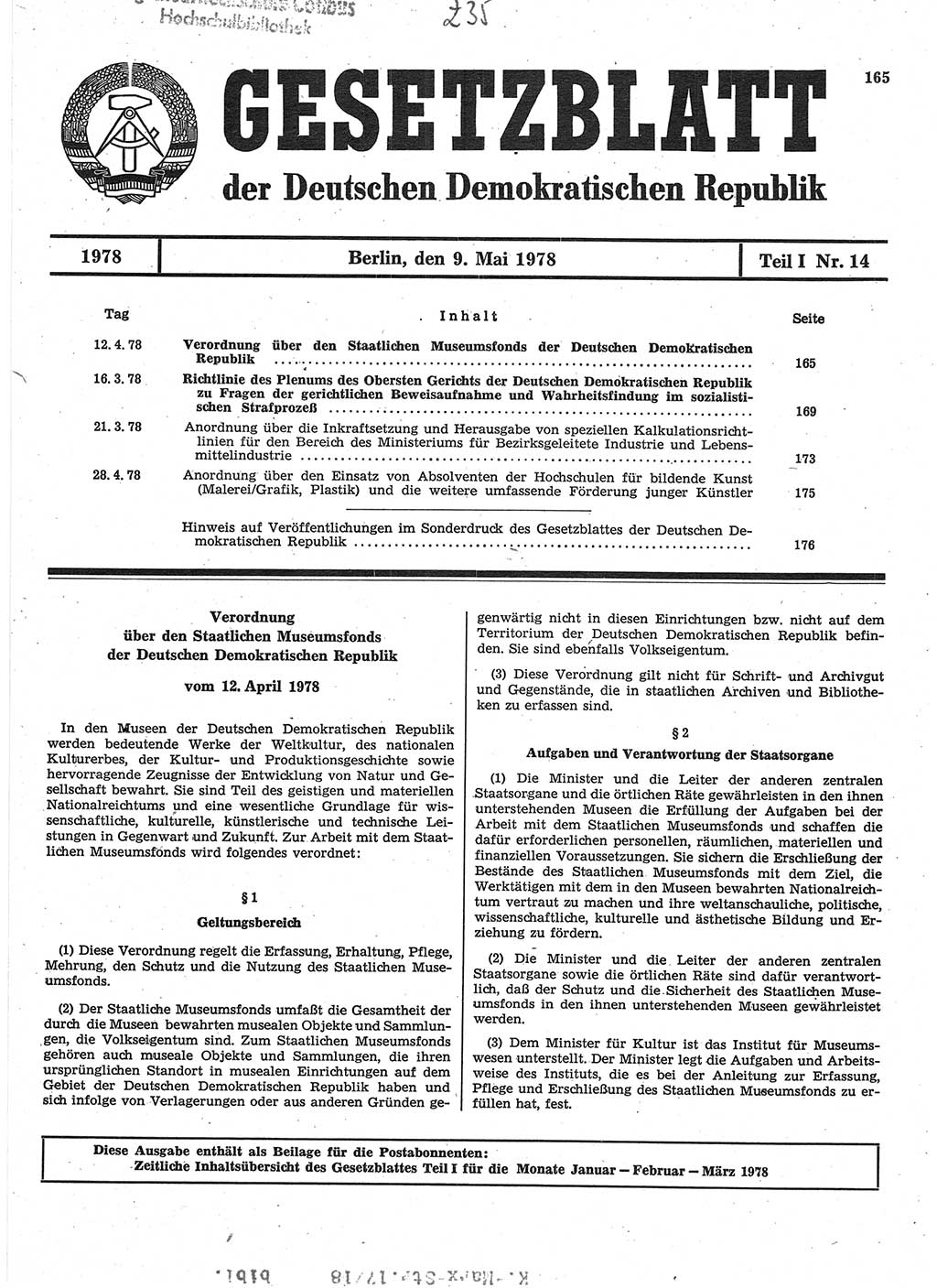 Gesetzblatt (GBl.) der Deutschen Demokratischen Republik (DDR) Teil Ⅰ 1978, Seite 165 (GBl. DDR Ⅰ 1978, S. 165)