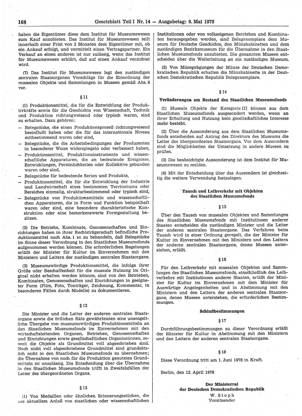 Gesetzblatt (GBl.) der Deutschen Demokratischen Republik (DDR) Teil Ⅰ 1978, Seite 168 (GBl. DDR Ⅰ 1978, S. 168)