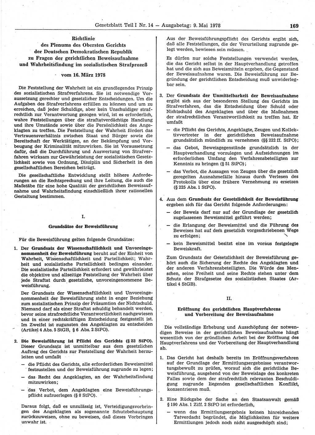 Gesetzblatt (GBl.) der Deutschen Demokratischen Republik (DDR) Teil Ⅰ 1978, Seite 169 (GBl. DDR Ⅰ 1978, S. 169)