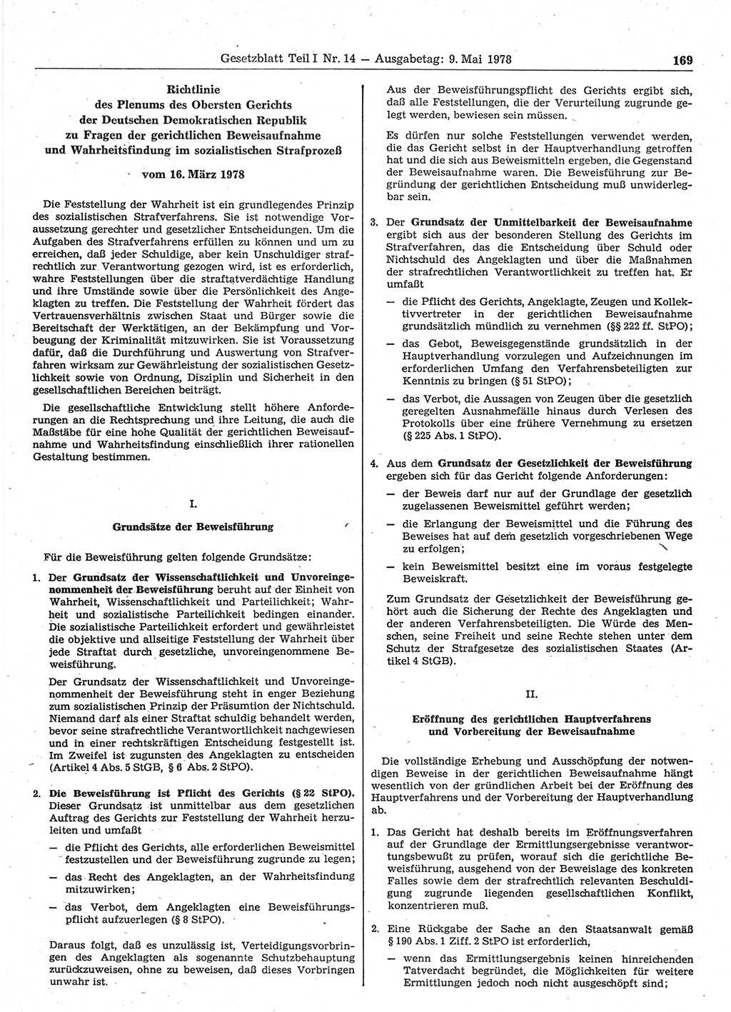 Gesetzblatt (GBl.) der Deutschen Demokratischen Republik (DDR) Teil Ⅰ 1978, Seite 169 (GBl. DDR Ⅰ 1978, S. 169)