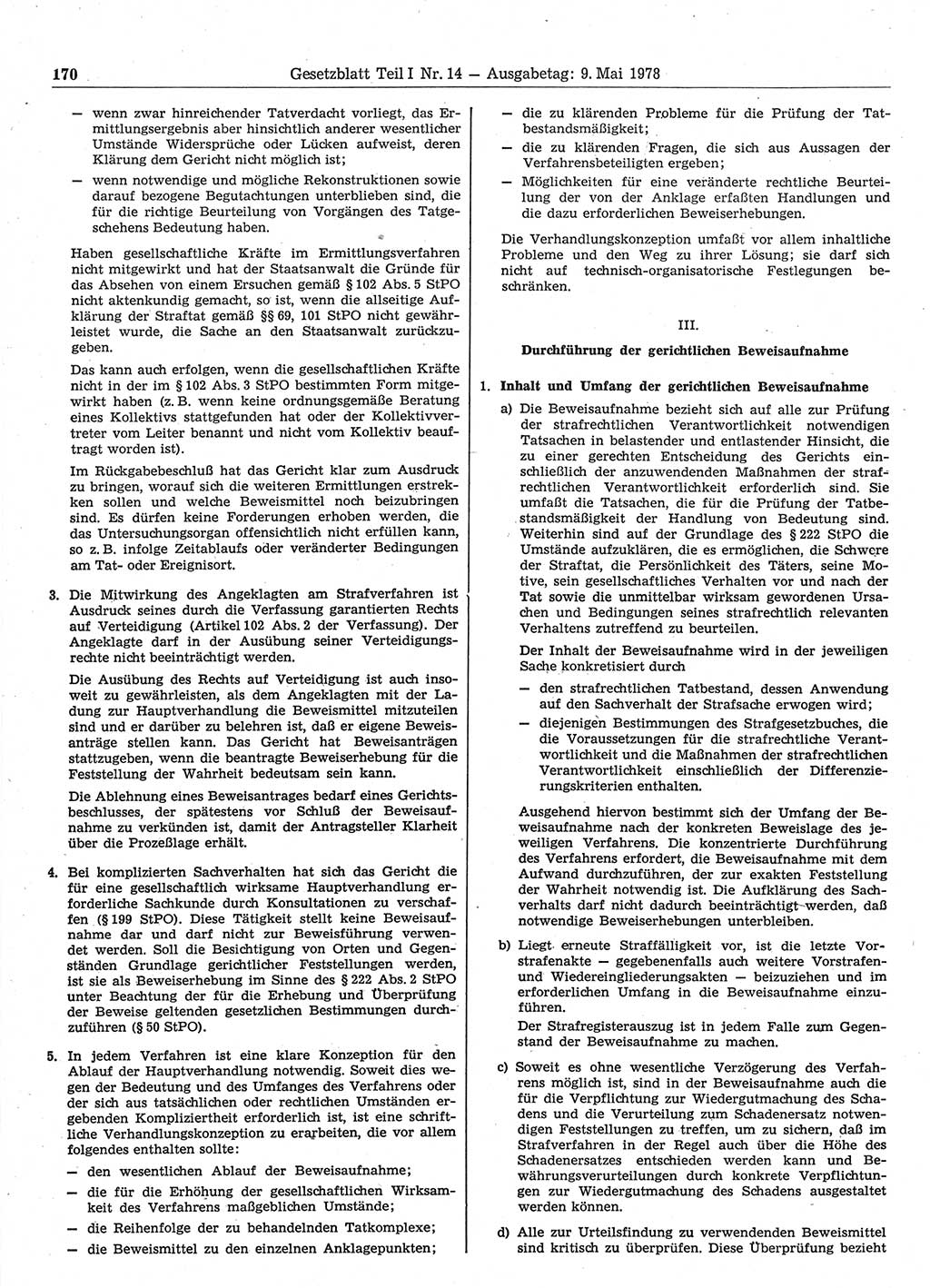 Gesetzblatt (GBl.) der Deutschen Demokratischen Republik (DDR) Teil Ⅰ 1978, Seite 170 (GBl. DDR Ⅰ 1978, S. 170)