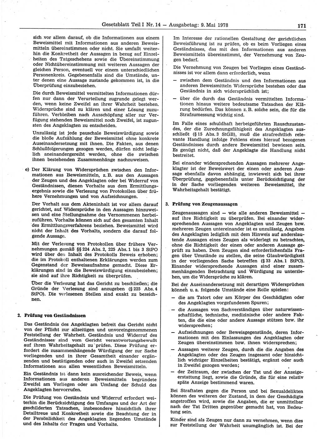 Gesetzblatt (GBl.) der Deutschen Demokratischen Republik (DDR) Teil Ⅰ 1978, Seite 171 (GBl. DDR Ⅰ 1978, S. 171)