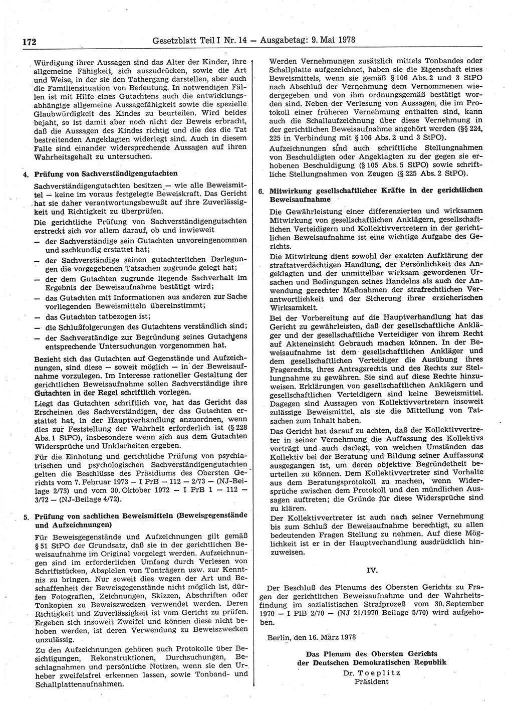 Gesetzblatt (GBl.) der Deutschen Demokratischen Republik (DDR) Teil Ⅰ 1978, Seite 172 (GBl. DDR Ⅰ 1978, S. 172)