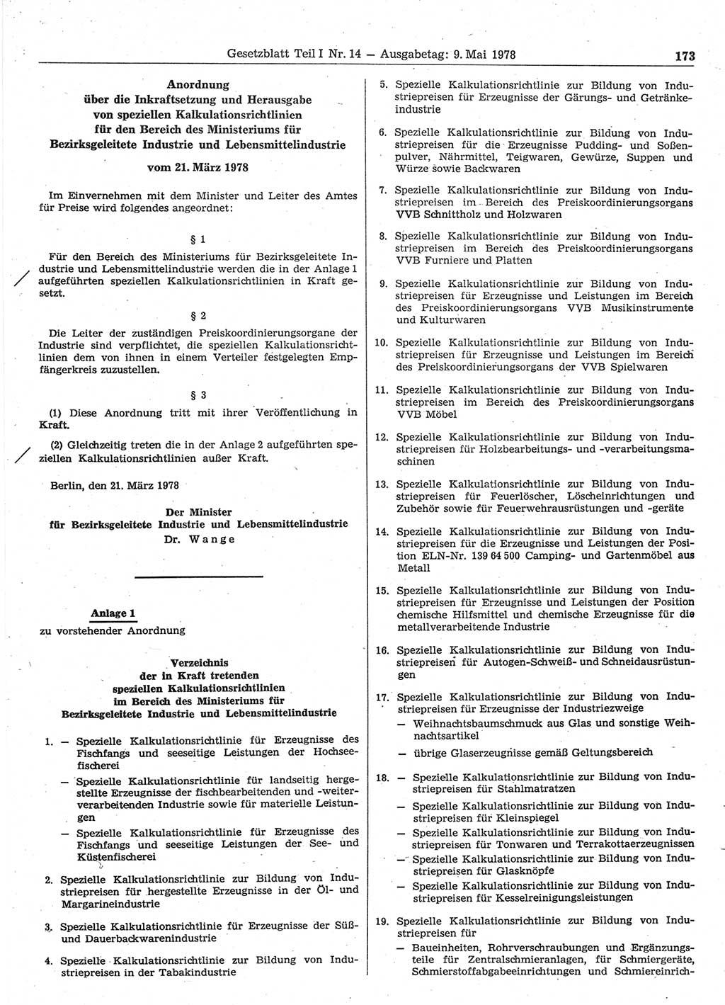 Gesetzblatt (GBl.) der Deutschen Demokratischen Republik (DDR) Teil Ⅰ 1978, Seite 173 (GBl. DDR Ⅰ 1978, S. 173)