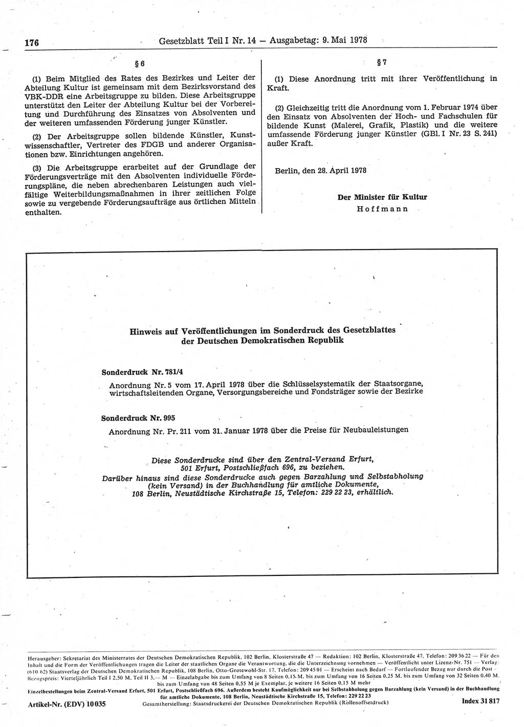 Gesetzblatt (GBl.) der Deutschen Demokratischen Republik (DDR) Teil Ⅰ 1978, Seite 176 (GBl. DDR Ⅰ 1978, S. 176)