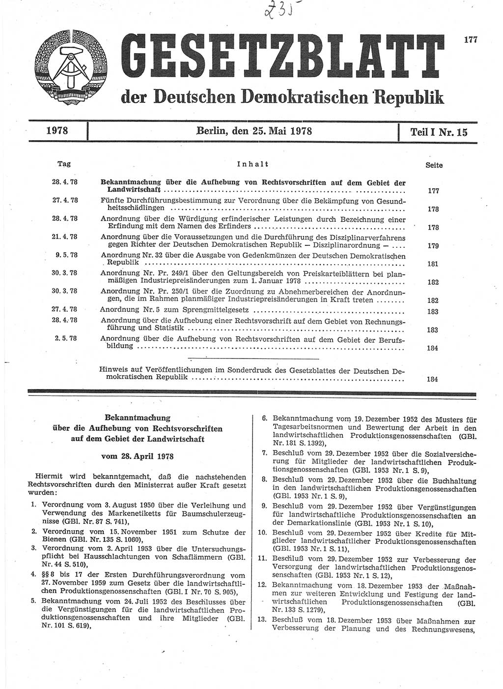 Gesetzblatt (GBl.) der Deutschen Demokratischen Republik (DDR) Teil Ⅰ 1978, Seite 177 (GBl. DDR Ⅰ 1978, S. 177)