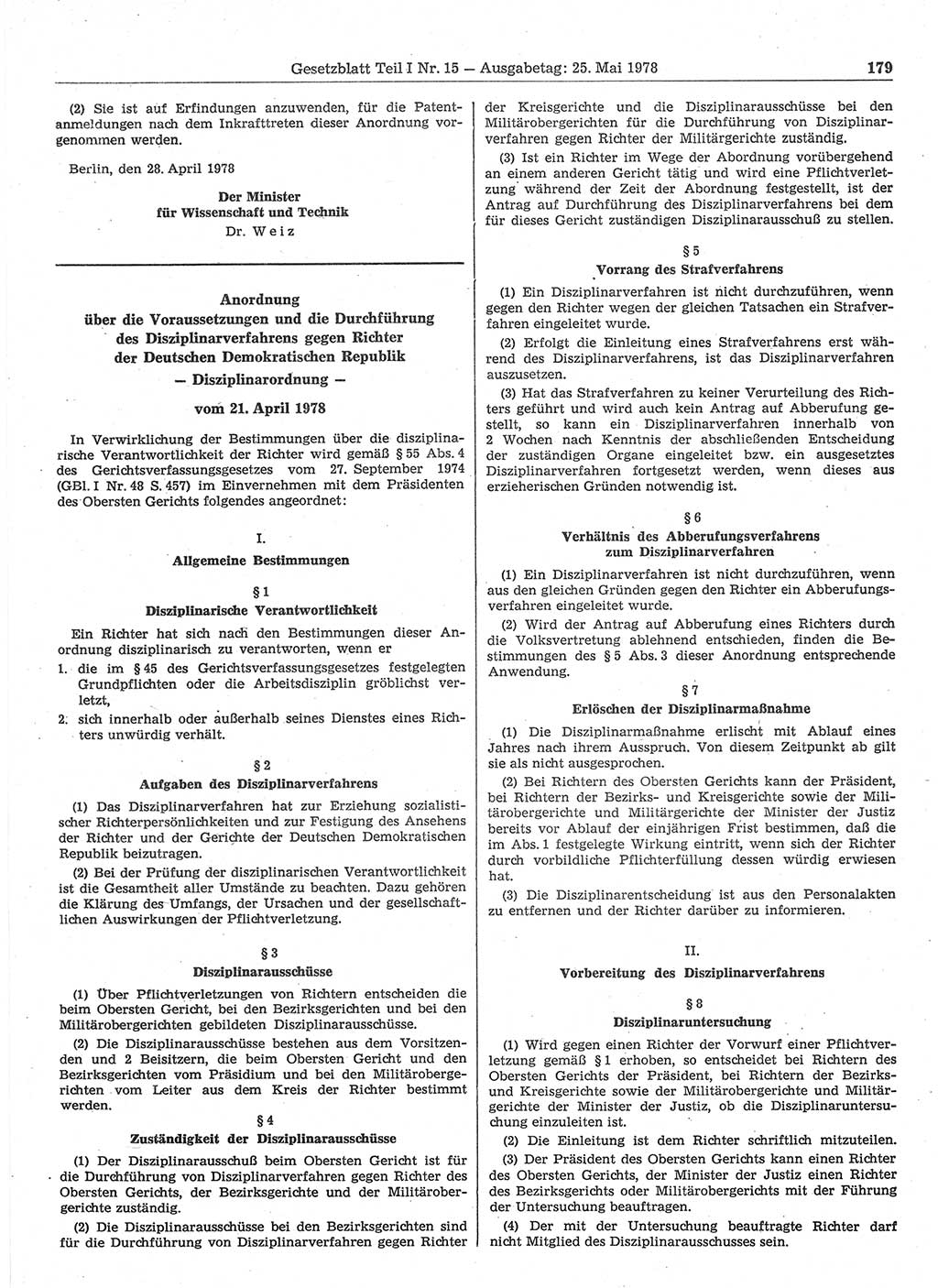 Gesetzblatt (GBl.) der Deutschen Demokratischen Republik (DDR) Teil Ⅰ 1978, Seite 179 (GBl. DDR Ⅰ 1978, S. 179)