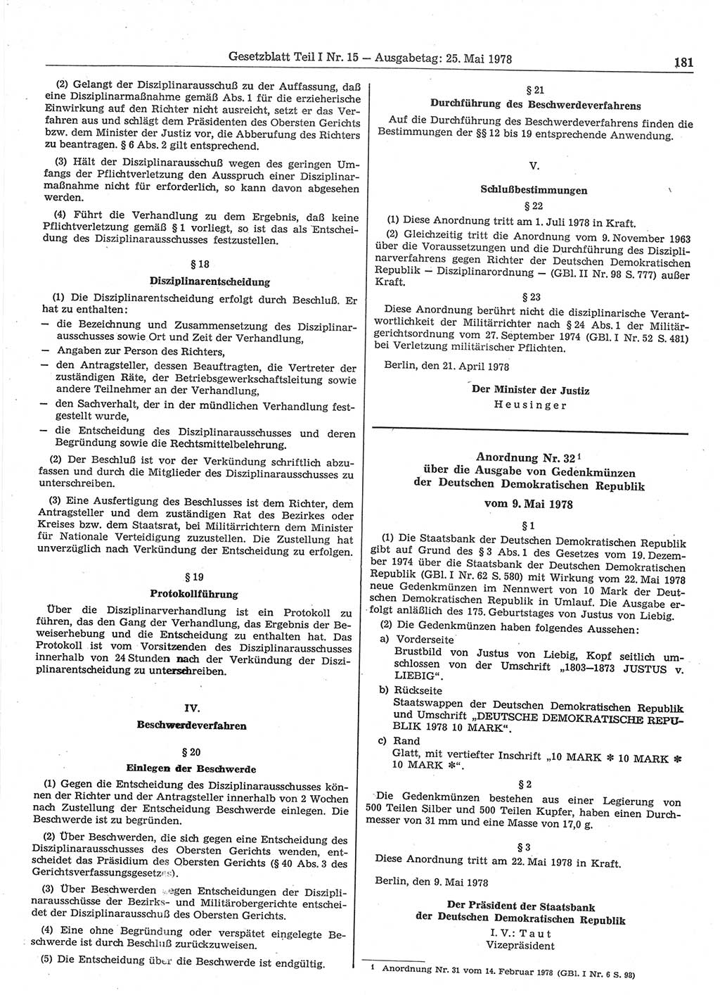 Gesetzblatt (GBl.) der Deutschen Demokratischen Republik (DDR) Teil Ⅰ 1978, Seite 181 (GBl. DDR Ⅰ 1978, S. 181)