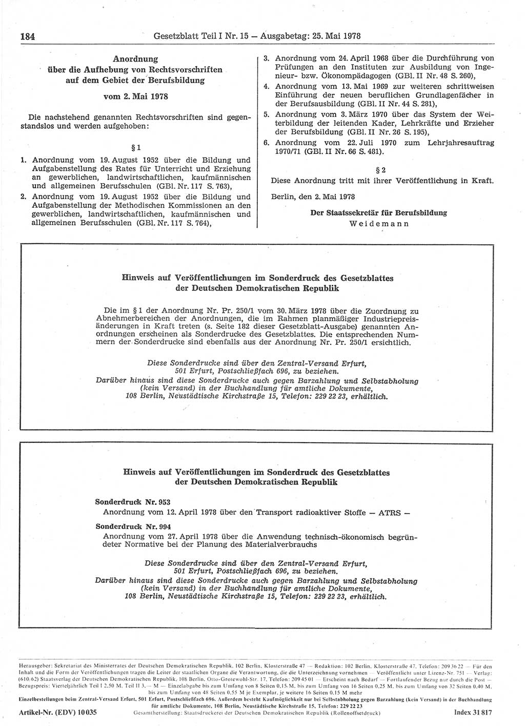 Gesetzblatt (GBl.) der Deutschen Demokratischen Republik (DDR) Teil Ⅰ 1978, Seite 184 (GBl. DDR Ⅰ 1978, S. 184)
