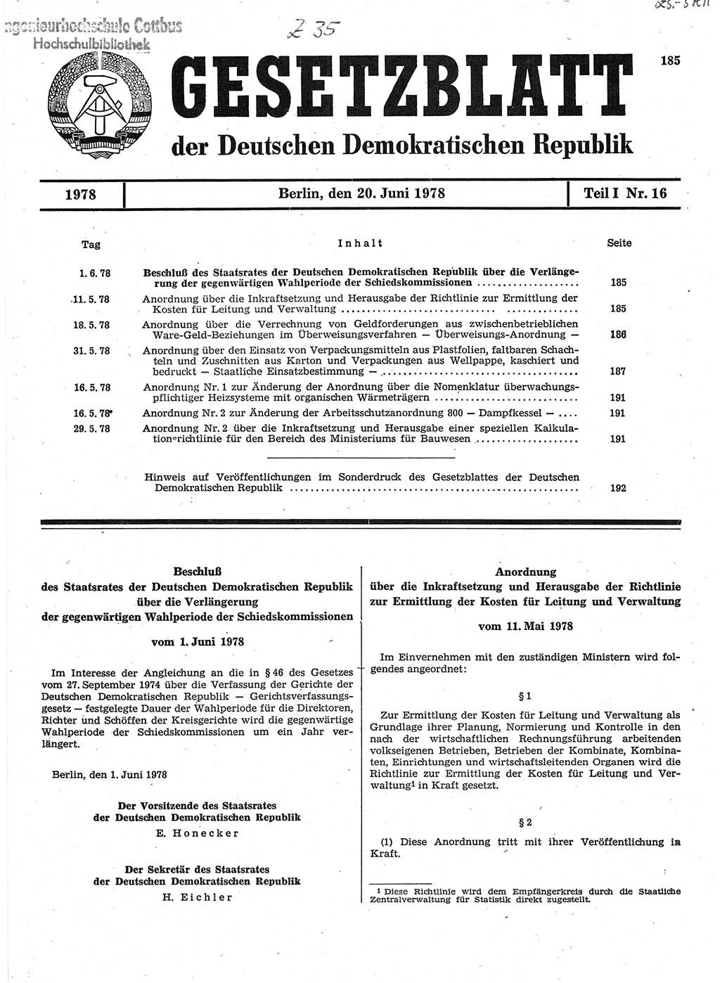 Gesetzblatt (GBl.) der Deutschen Demokratischen Republik (DDR) Teil Ⅰ 1978, Seite 185 (GBl. DDR Ⅰ 1978, S. 185)