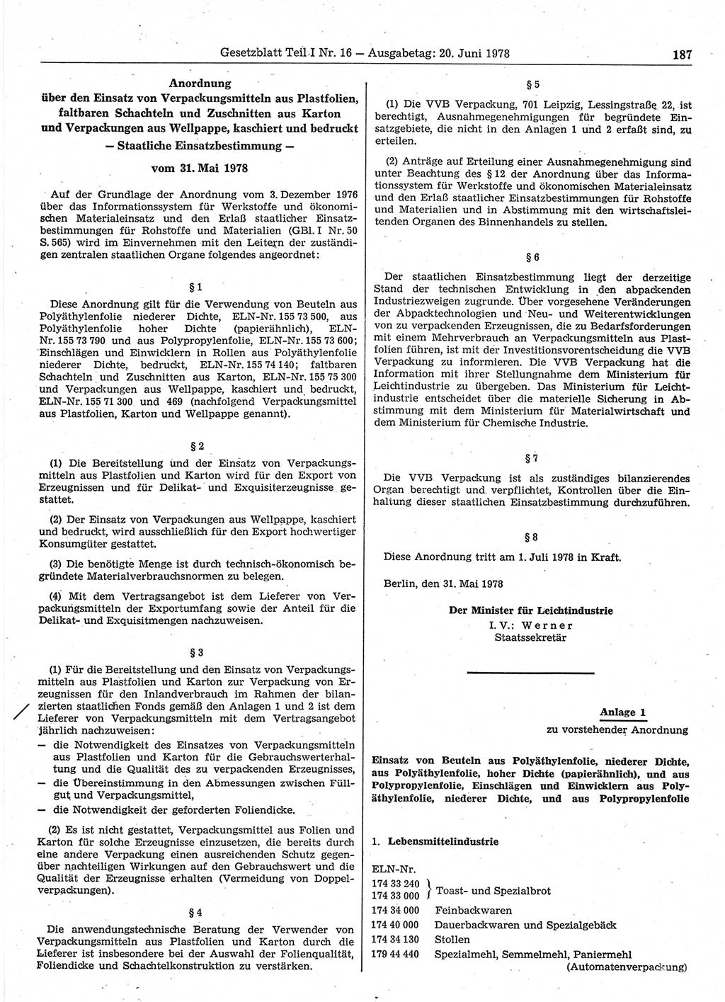 Gesetzblatt (GBl.) der Deutschen Demokratischen Republik (DDR) Teil Ⅰ 1978, Seite 187 (GBl. DDR Ⅰ 1978, S. 187)