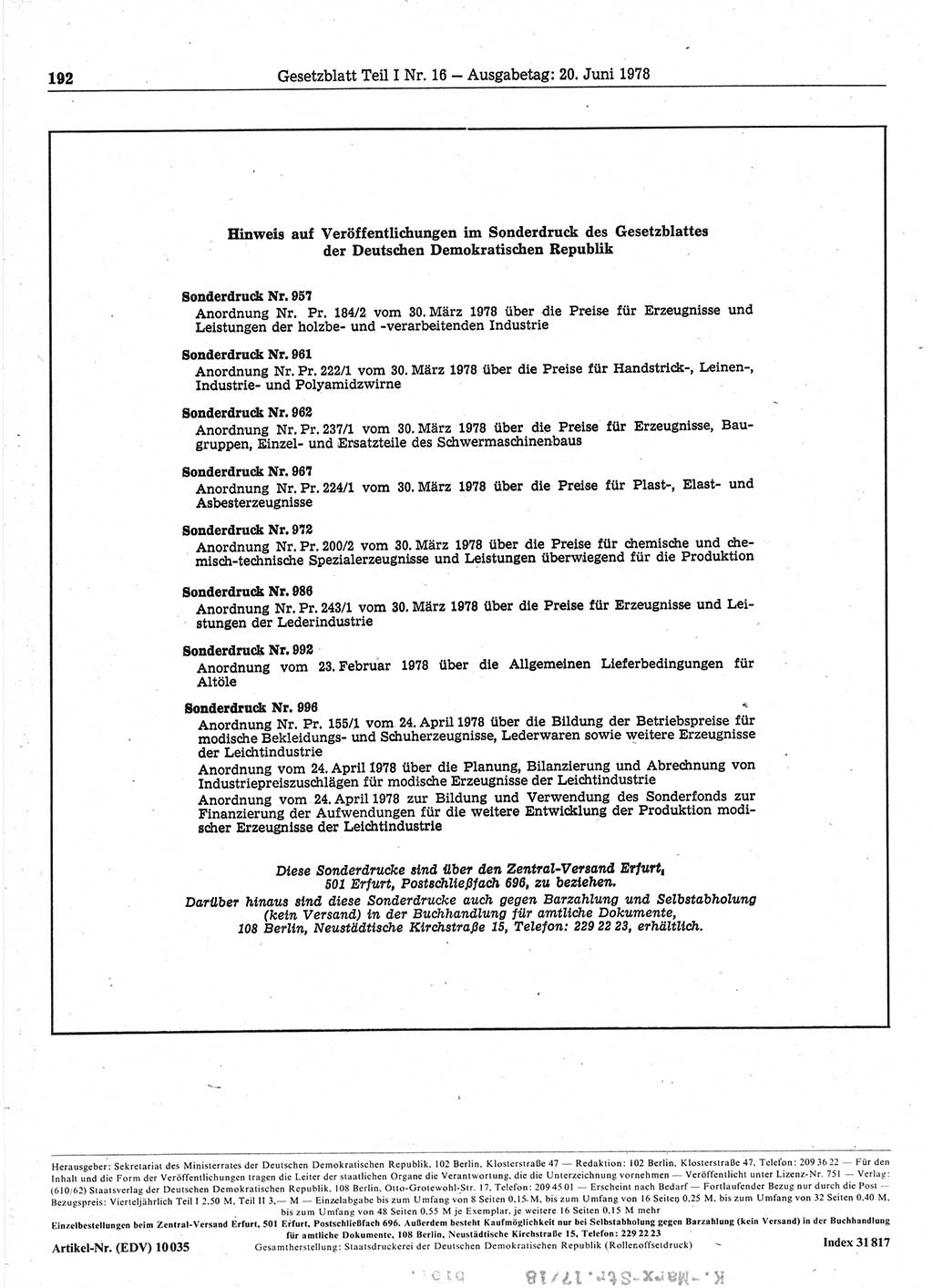 Gesetzblatt (GBl.) der Deutschen Demokratischen Republik (DDR) Teil Ⅰ 1978, Seite 192 (GBl. DDR Ⅰ 1978, S. 192)