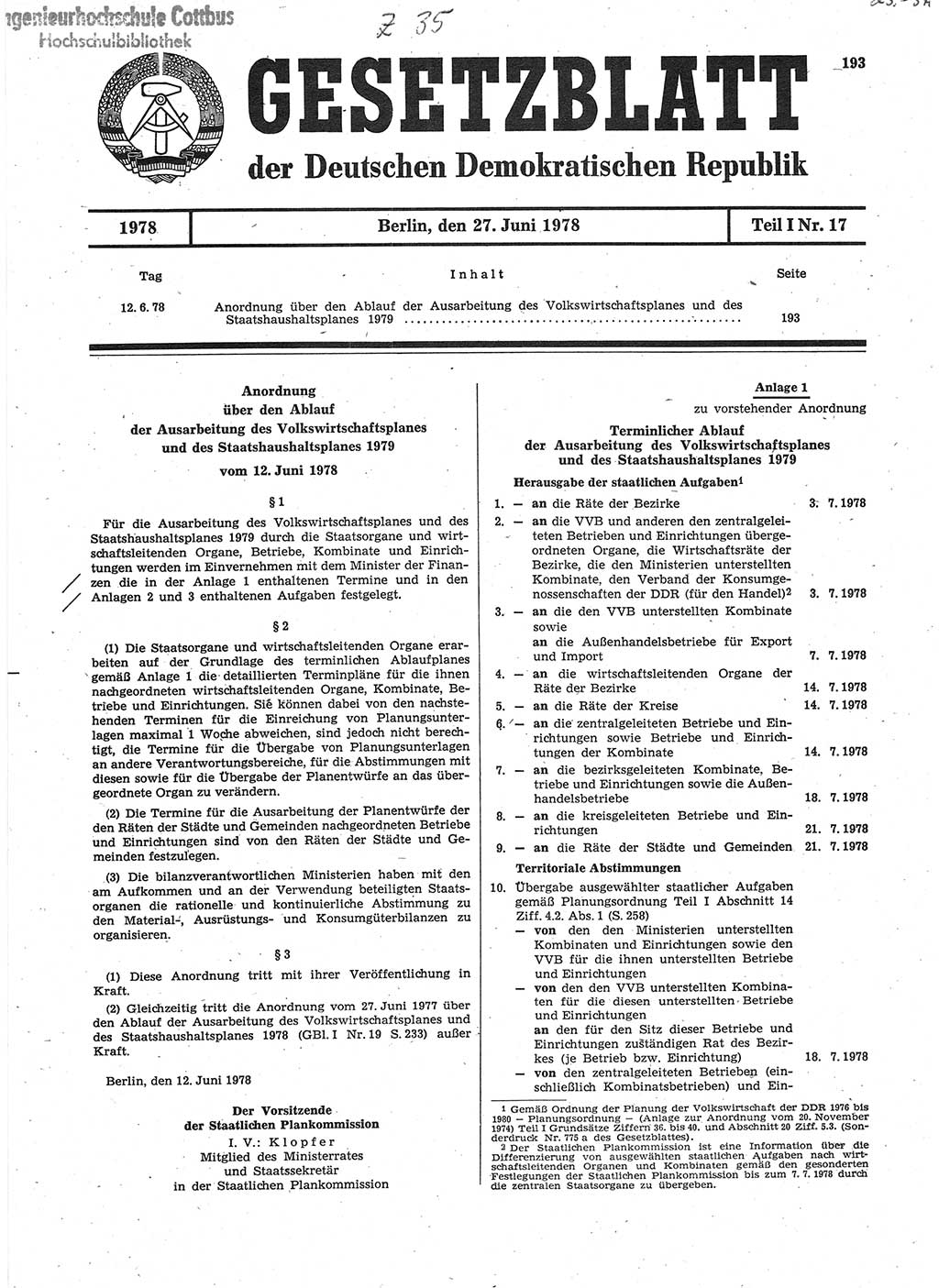 Gesetzblatt (GBl.) der Deutschen Demokratischen Republik (DDR) Teil Ⅰ 1978, Seite 193 (GBl. DDR Ⅰ 1978, S. 193)