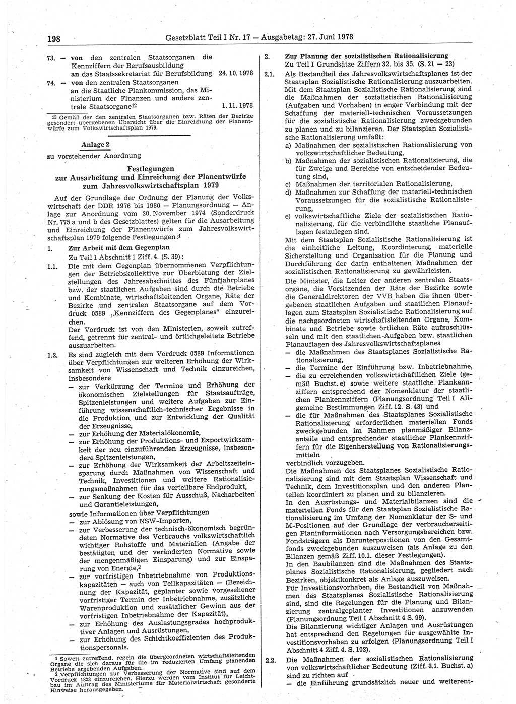 Gesetzblatt (GBl.) der Deutschen Demokratischen Republik (DDR) Teil Ⅰ 1978, Seite 198 (GBl. DDR Ⅰ 1978, S. 198)