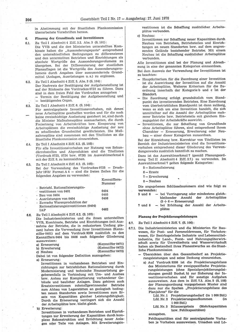 Gesetzblatt (GBl.) der Deutschen Demokratischen Republik (DDR) Teil Ⅰ 1978, Seite 206 (GBl. DDR Ⅰ 1978, S. 206)