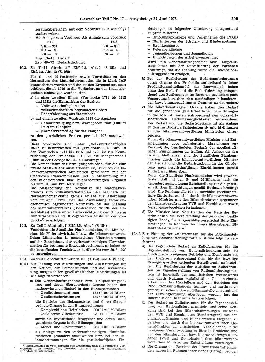 Gesetzblatt (GBl.) der Deutschen Demokratischen Republik (DDR) Teil Ⅰ 1978, Seite 209 (GBl. DDR Ⅰ 1978, S. 209)
