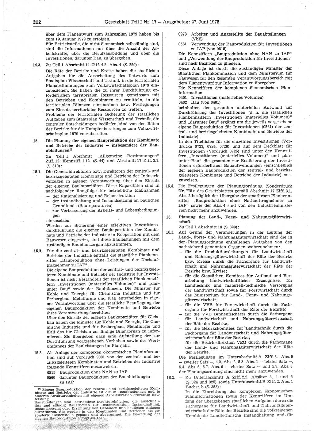Gesetzblatt (GBl.) der Deutschen Demokratischen Republik (DDR) Teil Ⅰ 1978, Seite 212 (GBl. DDR Ⅰ 1978, S. 212)