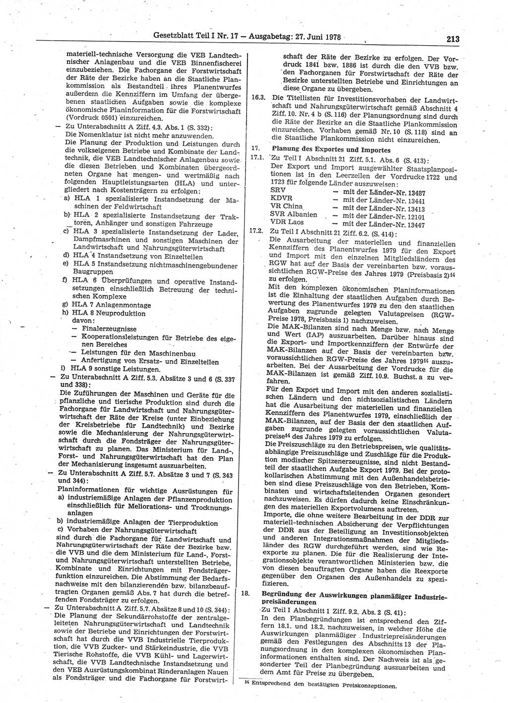 Gesetzblatt (GBl.) der Deutschen Demokratischen Republik (DDR) Teil Ⅰ 1978, Seite 213 (GBl. DDR Ⅰ 1978, S. 213)