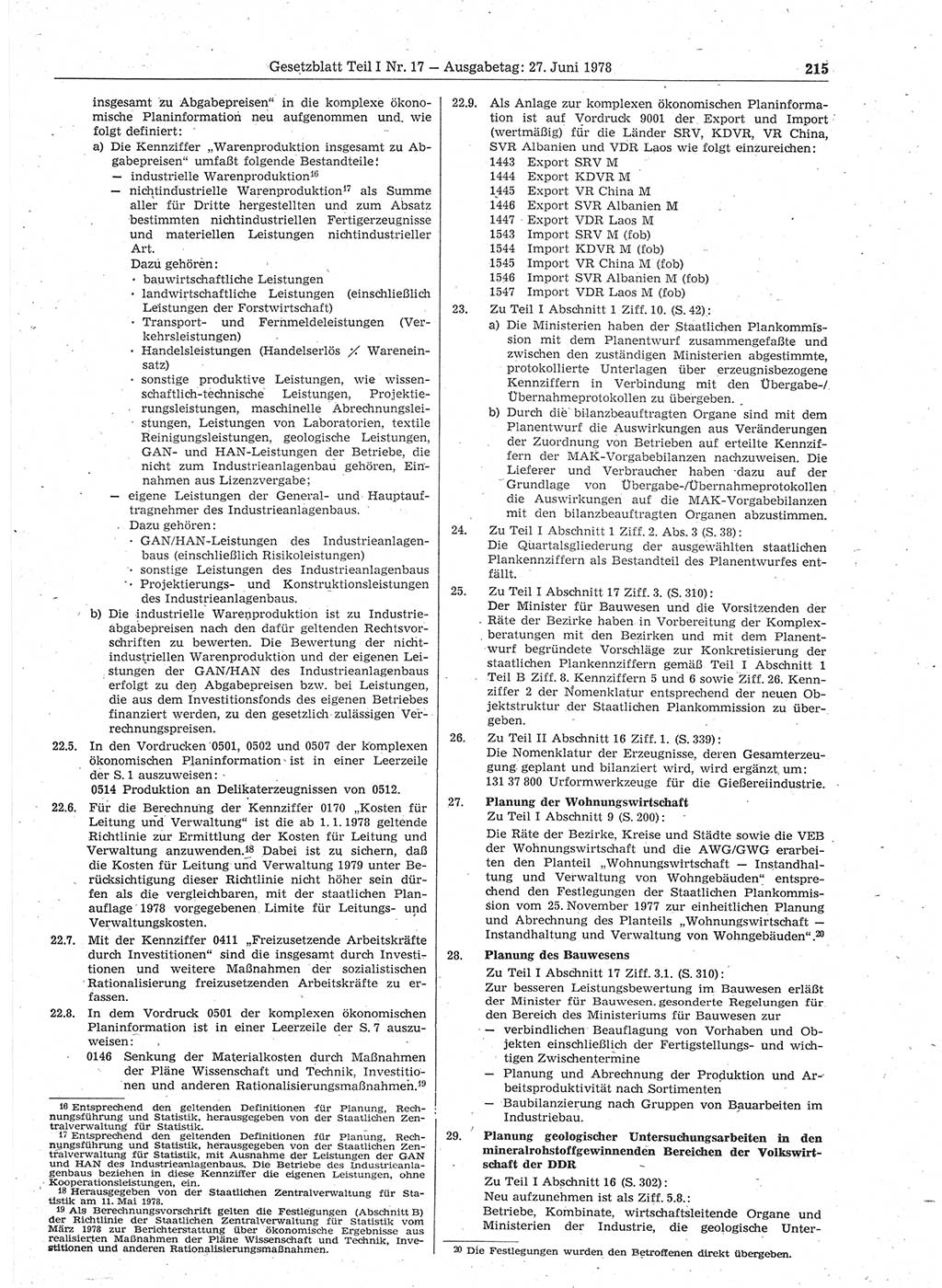 Gesetzblatt (GBl.) der Deutschen Demokratischen Republik (DDR) Teil Ⅰ 1978, Seite 215 (GBl. DDR Ⅰ 1978, S. 215)