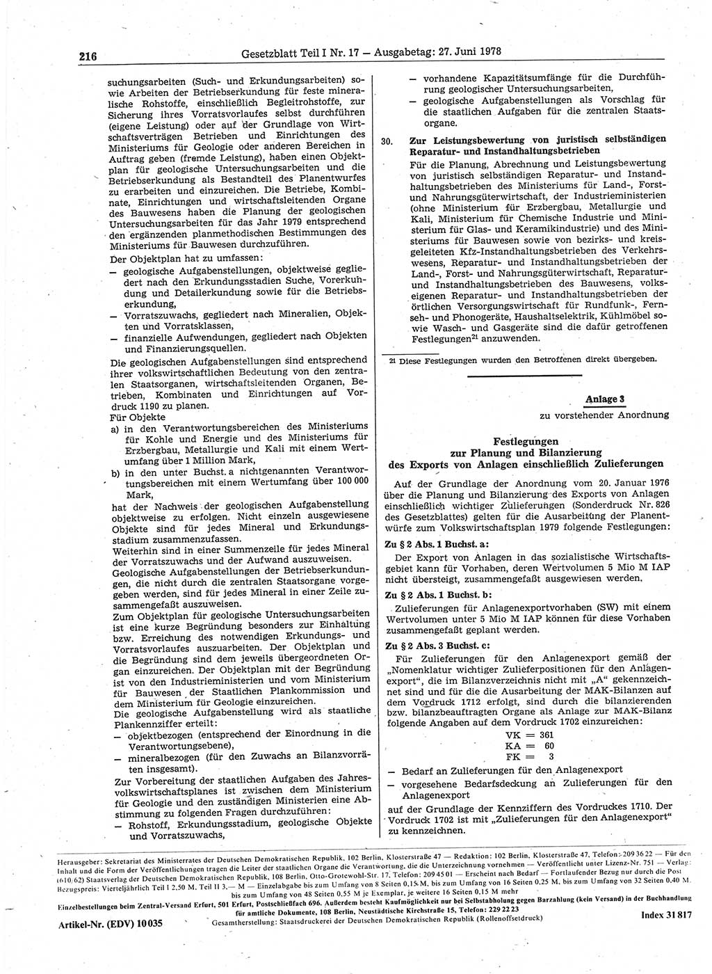 Gesetzblatt (GBl.) der Deutschen Demokratischen Republik (DDR) Teil Ⅰ 1978, Seite 216 (GBl. DDR Ⅰ 1978, S. 216)