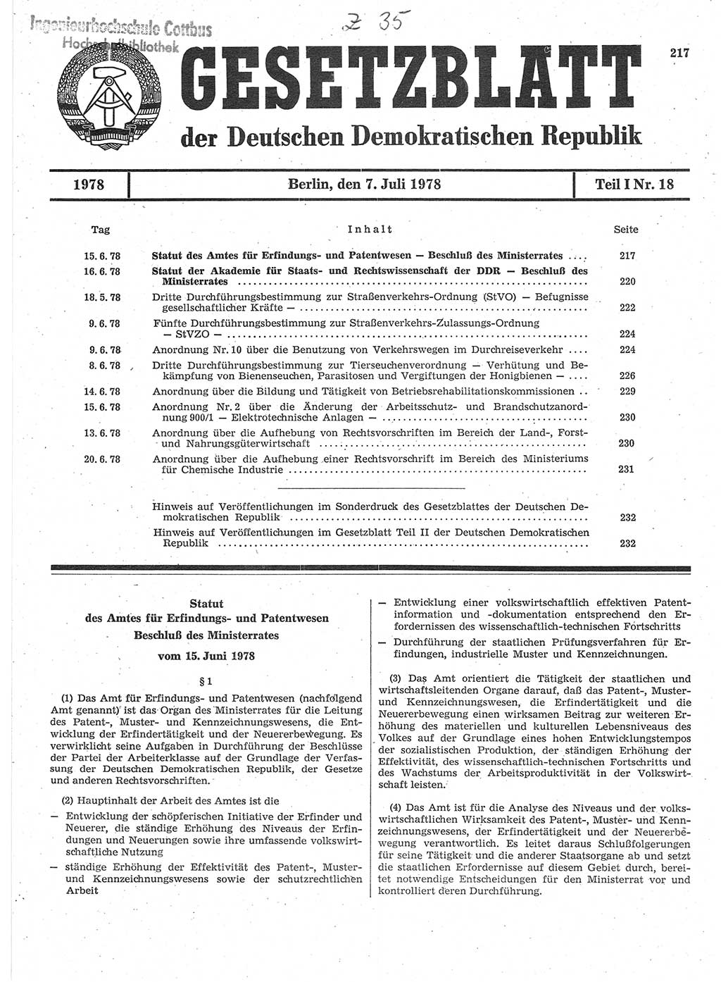 Gesetzblatt (GBl.) der Deutschen Demokratischen Republik (DDR) Teil Ⅰ 1978, Seite 217 (GBl. DDR Ⅰ 1978, S. 217)