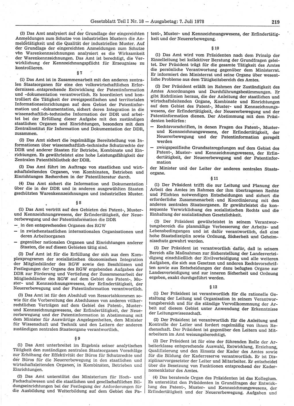 Gesetzblatt (GBl.) der Deutschen Demokratischen Republik (DDR) Teil Ⅰ 1978, Seite 219 (GBl. DDR Ⅰ 1978, S. 219)