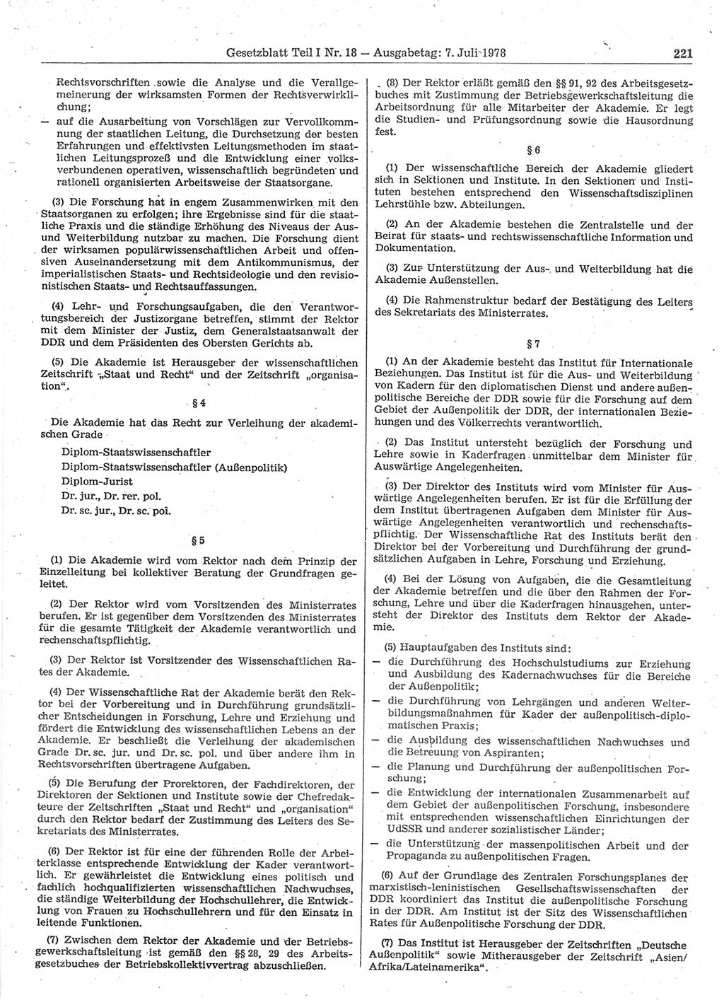 Gesetzblatt (GBl.) der Deutschen Demokratischen Republik (DDR) Teil Ⅰ 1978, Seite 221 (GBl. DDR Ⅰ 1978, S. 221)