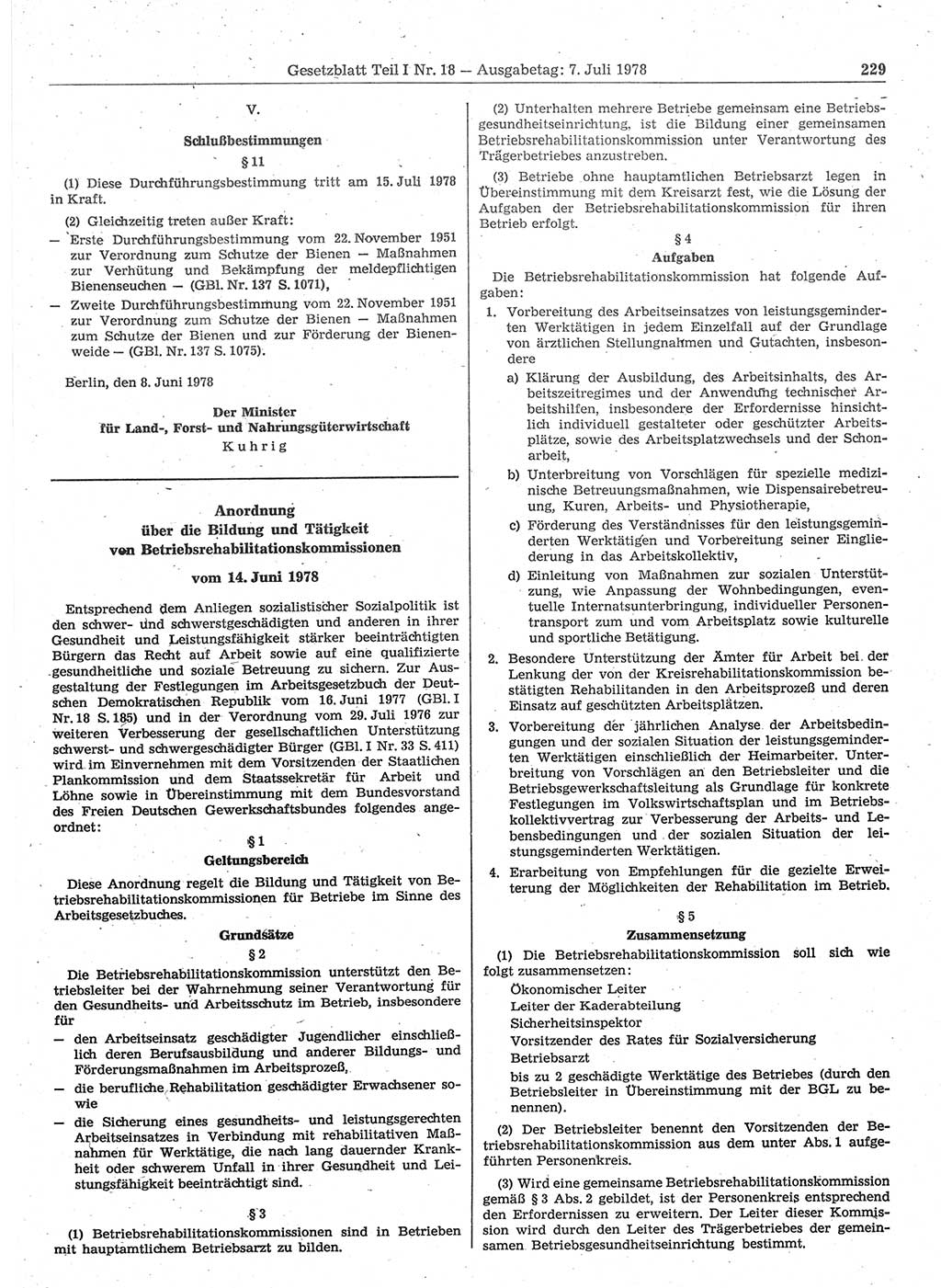Gesetzblatt (GBl.) der Deutschen Demokratischen Republik (DDR) Teil Ⅰ 1978, Seite 229 (GBl. DDR Ⅰ 1978, S. 229)