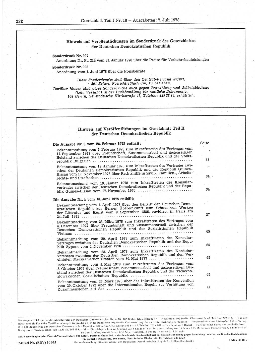 Gesetzblatt (GBl.) der Deutschen Demokratischen Republik (DDR) Teil Ⅰ 1978, Seite 232 (GBl. DDR Ⅰ 1978, S. 232)