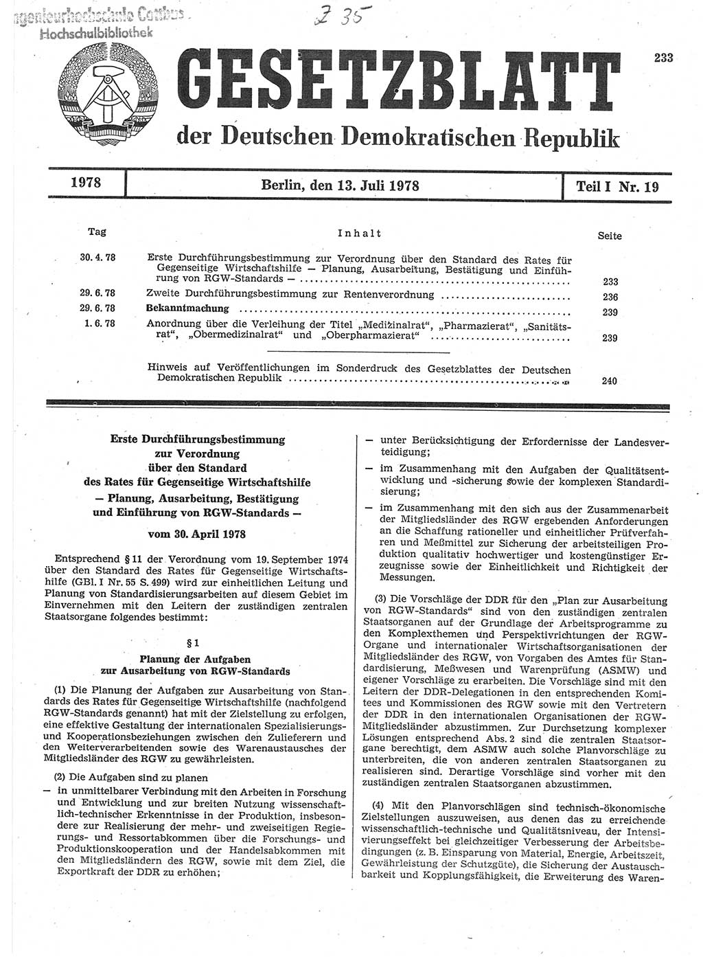 Gesetzblatt (GBl.) der Deutschen Demokratischen Republik (DDR) Teil Ⅰ 1978, Seite 233 (GBl. DDR Ⅰ 1978, S. 233)