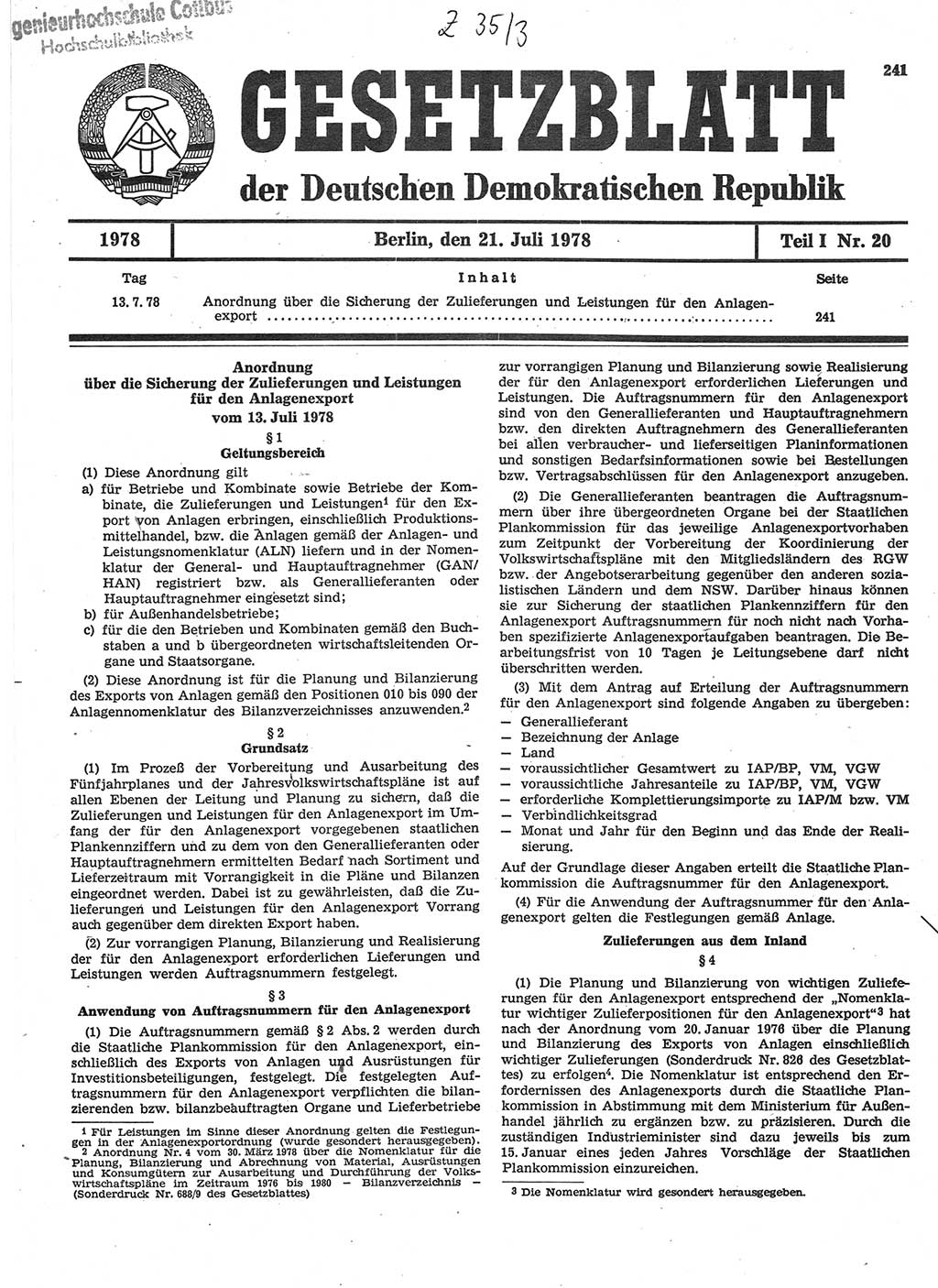 Gesetzblatt (GBl.) der Deutschen Demokratischen Republik (DDR) Teil Ⅰ 1978, Seite 241 (GBl. DDR Ⅰ 1978, S. 241)