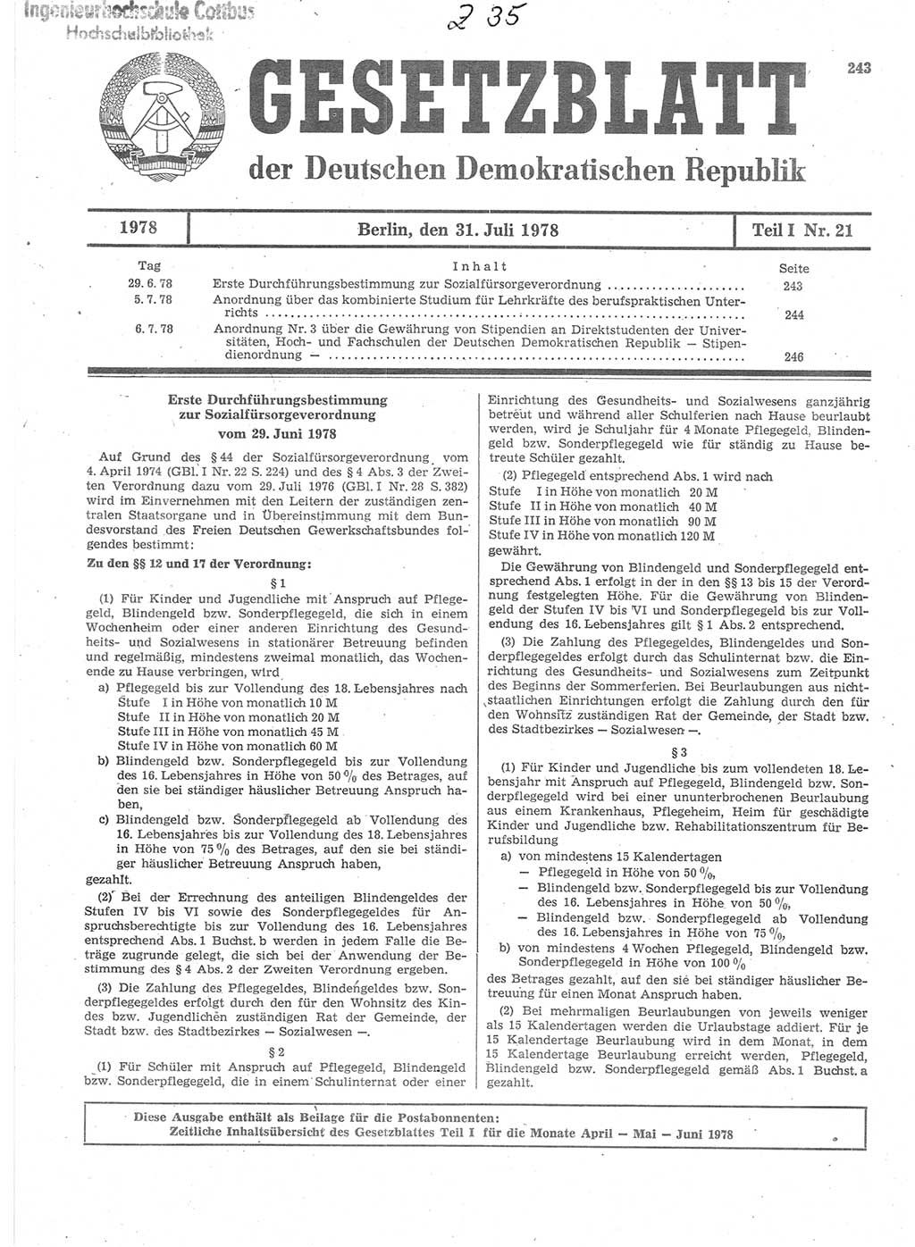 Gesetzblatt (GBl.) der Deutschen Demokratischen Republik (DDR) Teil Ⅰ 1978, Seite 243 (GBl. DDR Ⅰ 1978, S. 243)
