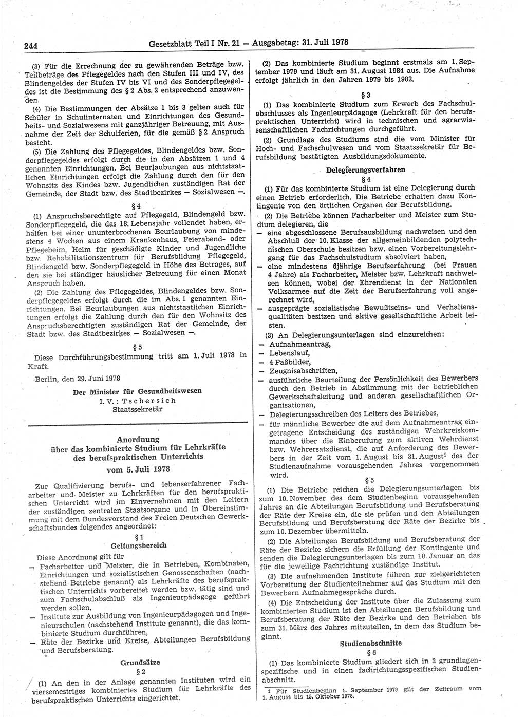Gesetzblatt (GBl.) der Deutschen Demokratischen Republik (DDR) Teil Ⅰ 1978, Seite 244 (GBl. DDR Ⅰ 1978, S. 244)