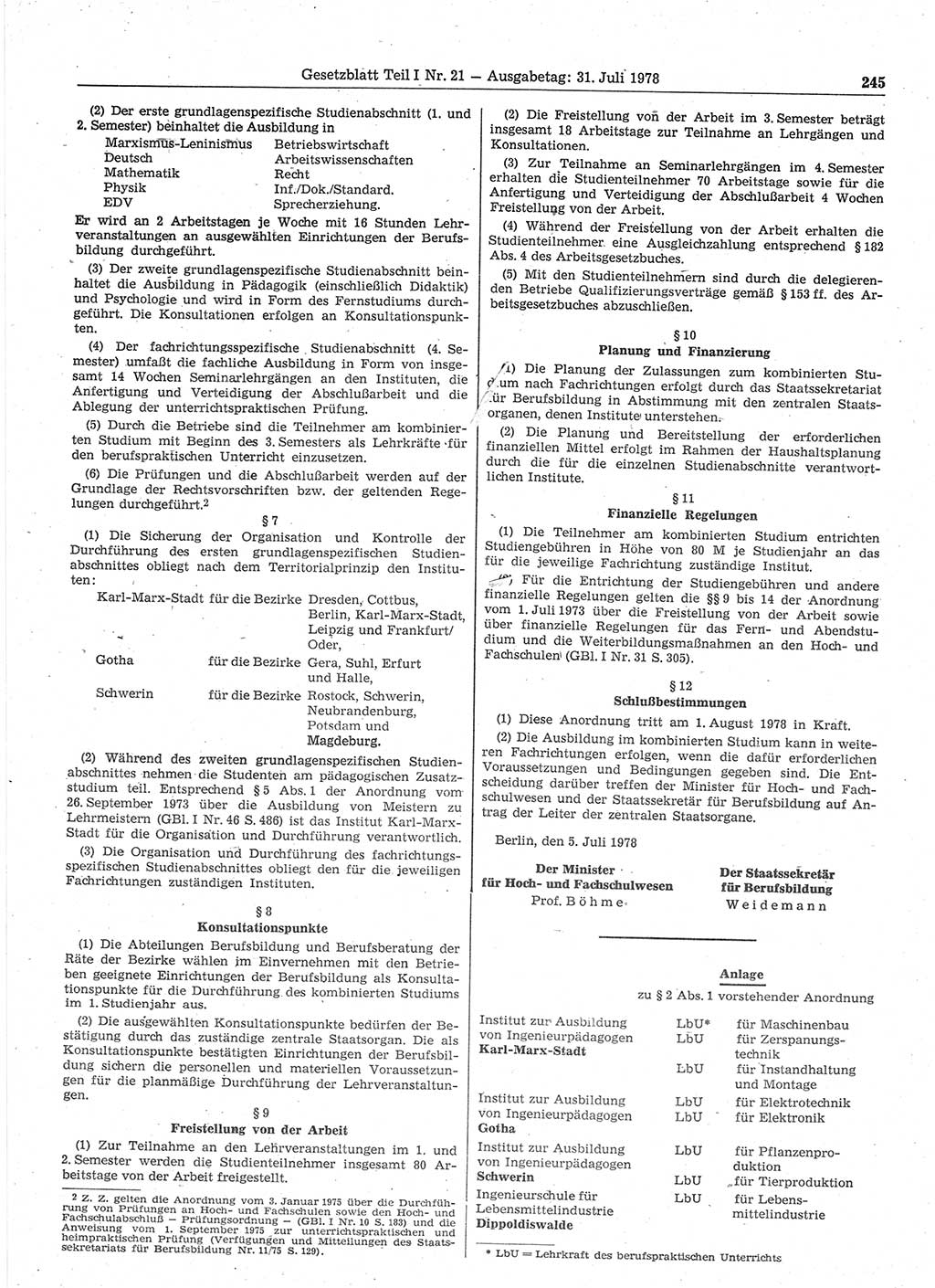 Gesetzblatt (GBl.) der Deutschen Demokratischen Republik (DDR) Teil Ⅰ 1978, Seite 245 (GBl. DDR Ⅰ 1978, S. 245)