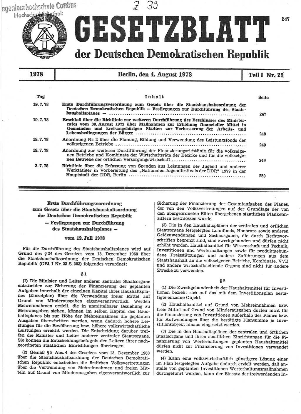 Gesetzblatt (GBl.) der Deutschen Demokratischen Republik (DDR) Teil Ⅰ 1978, Seite 247 (GBl. DDR Ⅰ 1978, S. 247)