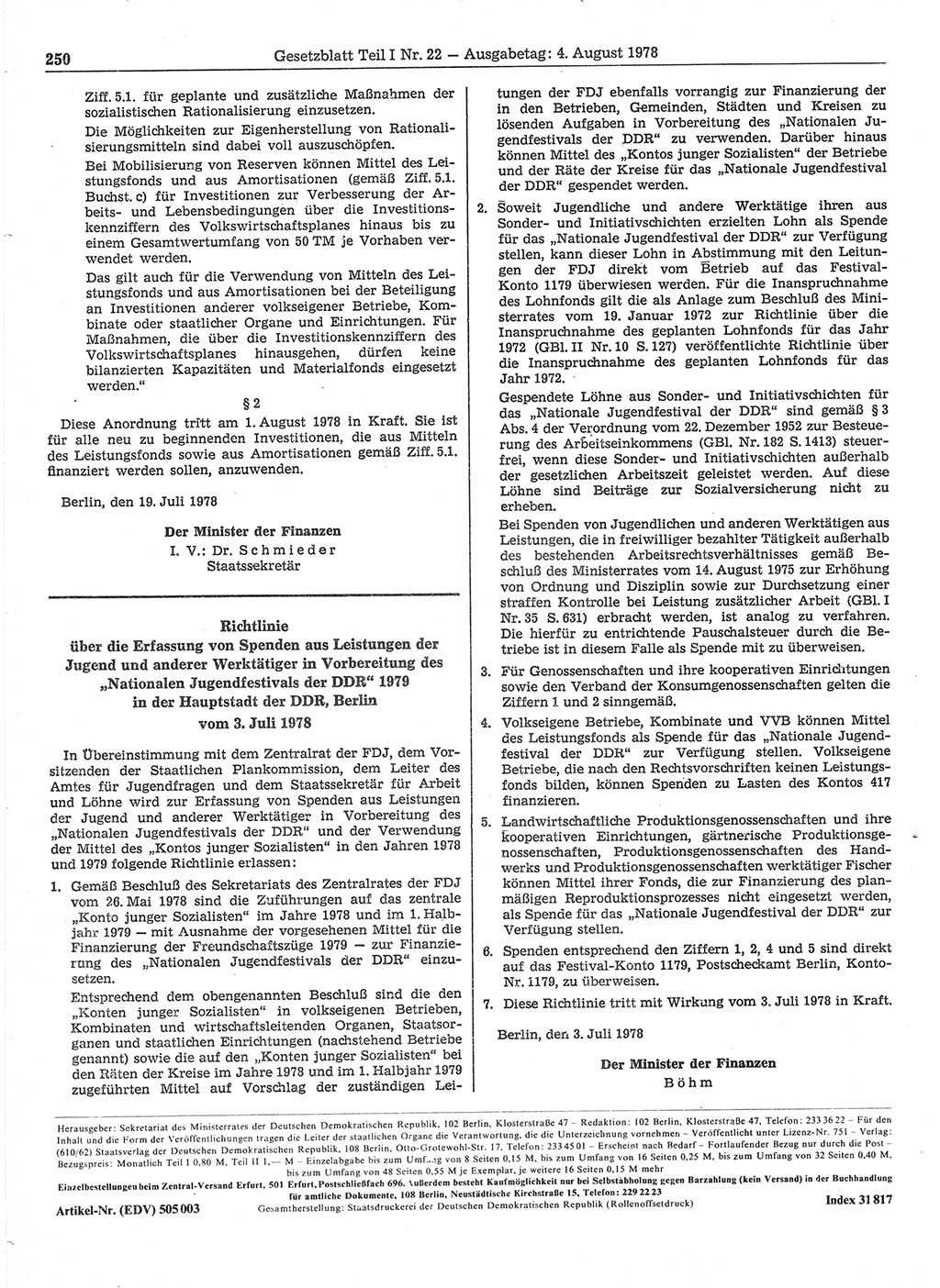 Gesetzblatt (GBl.) der Deutschen Demokratischen Republik (DDR) Teil Ⅰ 1978, Seite 250 (GBl. DDR Ⅰ 1978, S. 250)